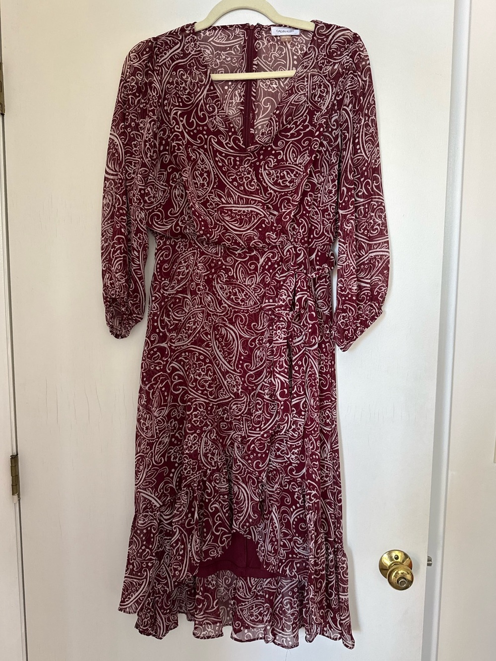 Calvin Klein Burgundy Paisley Midi Wrap High-Low Dress